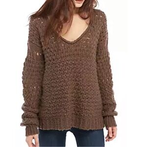 Free People Crashing Waves Chunky Crochet Knit V-Neck Slouchy Sweater - S